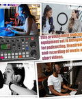 Collage featuring Pro Audio Mixer With F988 Live Sound Card And DSP Dual Chips, Bluetooth Ready, DJ Effects and activities like podcasting and gaming
