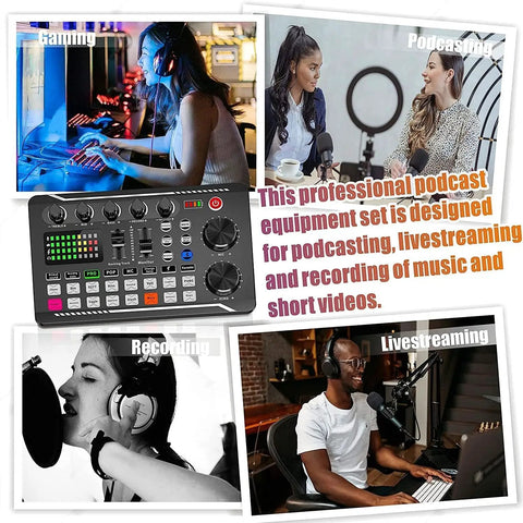 Collage featuring Pro Audio Mixer With F988 Live Sound Card And DSP Dual Chips, Bluetooth Ready, DJ Effects and activities like podcasting and gaming