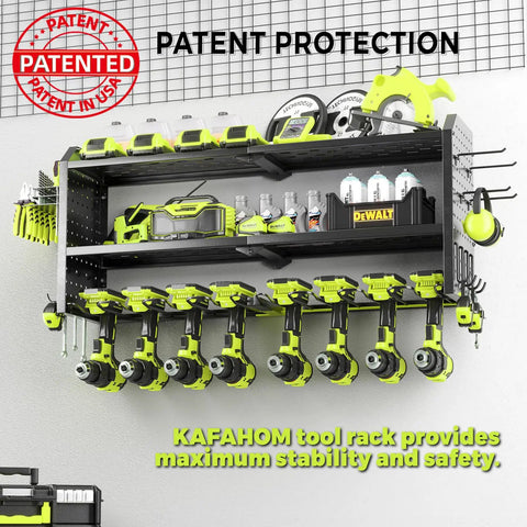 Heavy Duty Metal Power Tool Organizer Wall Mount With Eight Drill Holders, Twelve Hooks, Battery Shelves, and Storage Rack