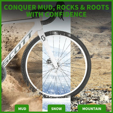 Mountain bike wheel in mud, snow, and rocky terrain showcasing a 2 Pack 26 Inch Foldable Bike Tire Set Complete 8 Piece Kit With Inner Tubes