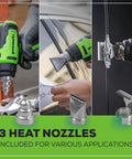 Cordless 24V Heat Gun Kit With Battery And Charger, Fast Heat Up To 1000F, 3 Nozzles, LED Light, Lock Off Safety for versatile use