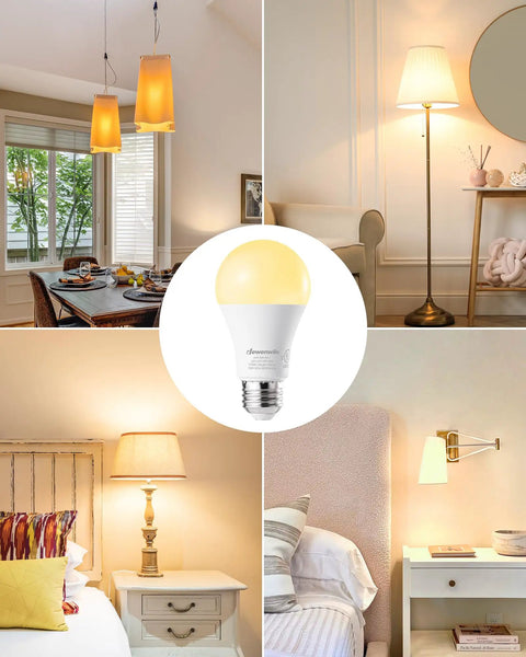 Four Pack A19 Dimmable LED Light Bulbs, 2700K Warm White, 800 Lumens, 10W, 60W Equivalent in cozy room settings