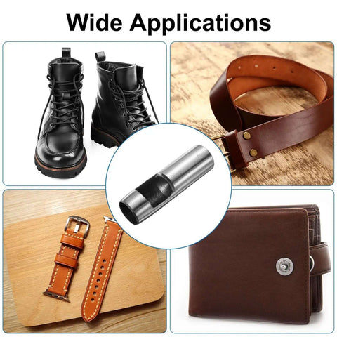 Leather Round Hole Punch 27mm Hollow Punch Cutter made from high carbon steel, shown with belts, boots, watch straps, and wallets.