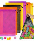 7 Pack Colorful Mesh Drawstring Bags 18x12 Inch Breathable Nylon Net Storage with hand holding black bag with balls
