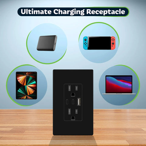 Two USB Wall Outlet Charger With Dual USB Ports 5V 3.6A 15A Duplex Tamper Resistant Receptacle shown with devices.