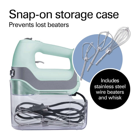 Smooth Operator 5 Speed Electric Hand Mixer With Slow Start Tech And Quick Burst Design Includes Stainless Steel Twisted Wire Beaters Whisk And Secure Snap On Case For No Stress Baking Prep In Classic Mint with storage case and beaters visible.