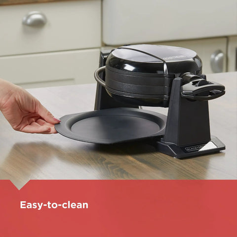 Rotating Waffle Maker With Belgian Style Deep Nonstick Grids And Even Batter Spread Easy Flip Lock shown with drip tray