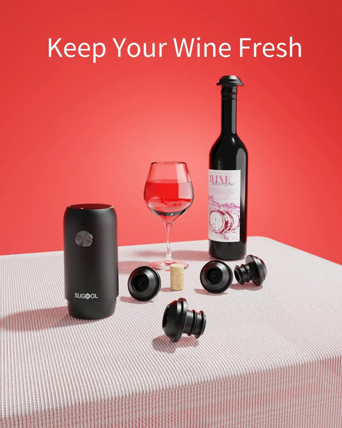 Rechargeable Wine Saver Pump With Vacuum Stopper Set, 4 Reusable Bottle Stoppers on table with wine bottle and glass