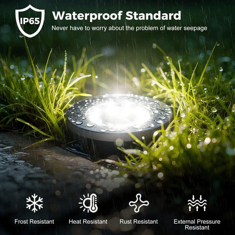 14 Pack Solar In Ground Pathway Lights With 10 LED Bulbs Each, Waterproof Outdoor Landscape Lighting shown in wet grass