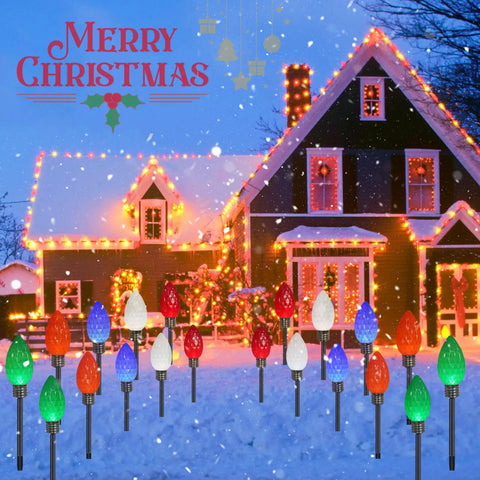 Festive house with Christmas lights in snow, colorful bulbs matching Two Pack 100 Foot S14 Outdoor String Lights With 32 LED Bulbs IP65