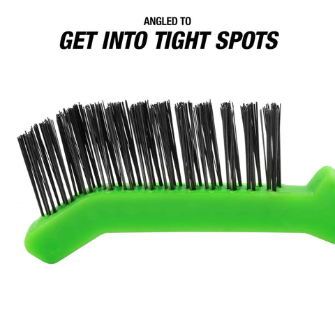 Slim Steel Wire Brush For Brake Calipers With Angled Head For Tight Spots And Rust Removal, close-up of angled bristles