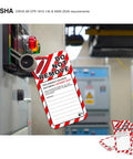 Heavy Duty Lockout Tagout Safety Tags Pack Of Twenty Five With Zip Ties on electrical equipment, showing red and white Do Not Remove label.