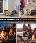 Go-To Rustproof Metal Firewood Rack For Outdoor Fire Pit And Indoor Fireplace Storage displayed in various settings