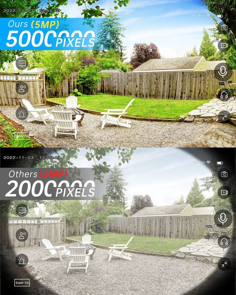 Comparison of 5MP Wireless Doorbell Camera's video quality showing UHD clarity versus a lower resolution for smart home security.