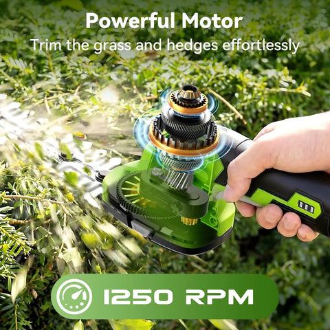 Close-up of 2-In-1 Cordless Hedge Trimmer And Grass Shear, Lightweight Handheld Yard Tool trimming bushes, highlighting motor features.