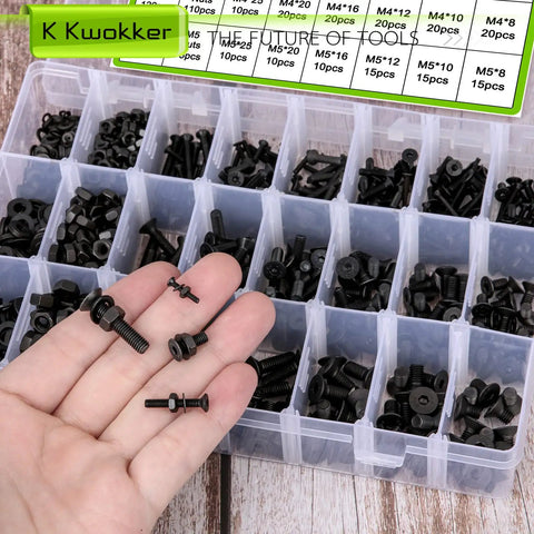 Open organizer with Pro Grade 1700Pcs Metric Screw And Nut Kit With Washers And Hex Keys Black 10.9 Alloy Steel M2 M3 M4 M5.