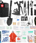Front view of Abpir318 PCS emergency survival kit with black pouch and tools (multitool, axe, knife) and first-aid items.