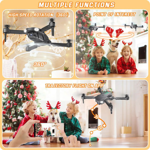 Foldable Camera Drone For Kids Beginners With Remote Control 1080P HD FPV Drone flying indoors near children and dog, holiday theme.