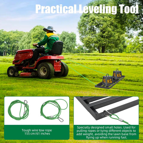 Beast Pro Grade Lawn Leveling Rake With 70.5 Inch Adjustable Handle And 34.1 By 9.4 Inch Head, attached to a tractor on grass