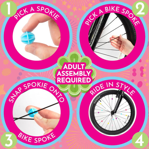 Step-by-step guide to attaching Colorful Spoke Beads For Kids Bikes 30 Pcs Spokies Snap On Beads with easy assembly instructions.