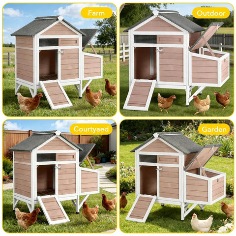 Cozy Two Chickens Outdoor Wooden Chicken Coop With Expandable Run Nesting Box And Pull Out Tray in garden, farm, courtyard, and outdoor settings