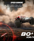 1:8 Scale Brushless RC Truck With 50 MPH Top Speed All Terrain 4X4 Truggy in action on dirt track, showcasing speed and power.