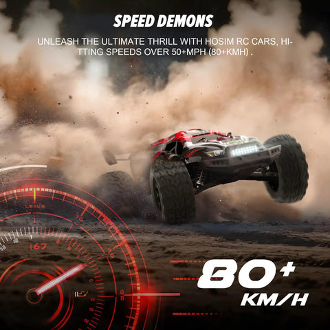 1:8 Scale Brushless RC Truck With 50 MPH Top Speed All Terrain 4X4 Truggy in action on dirt track, showcasing speed and power.
