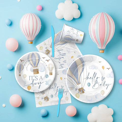 Blue Hot Air Balloon Baby Shower Tableware Set with plates, cups, cutlery on cloud-themed surface for boy, 24 serves, Adventure Awaits.