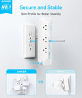 Ultra Thin 10 In 1 Outlet Extender Power Strip With Steady Surge Shield And A Low Profile Build That Presses Flat Against Walls And Powers All Your Gear No Hassle mounted on wall showing slim profile and space-saving design.