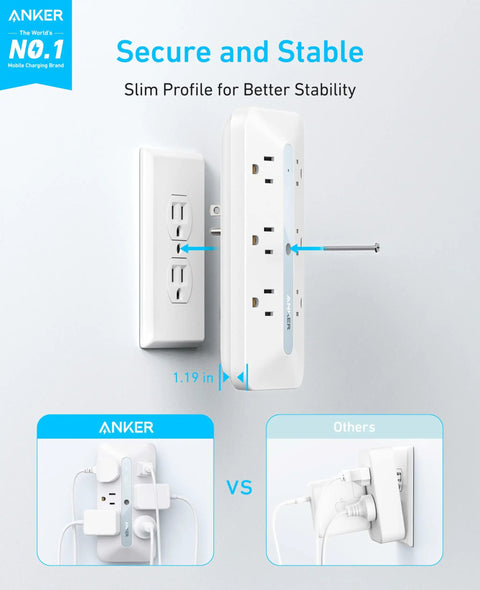 Ultra Thin 10 In 1 Outlet Extender Power Strip With Steady Surge Shield And A Low Profile Build That Presses Flat Against Walls And Powers All Your Gear No Hassle mounted on wall showing slim profile and space-saving design.