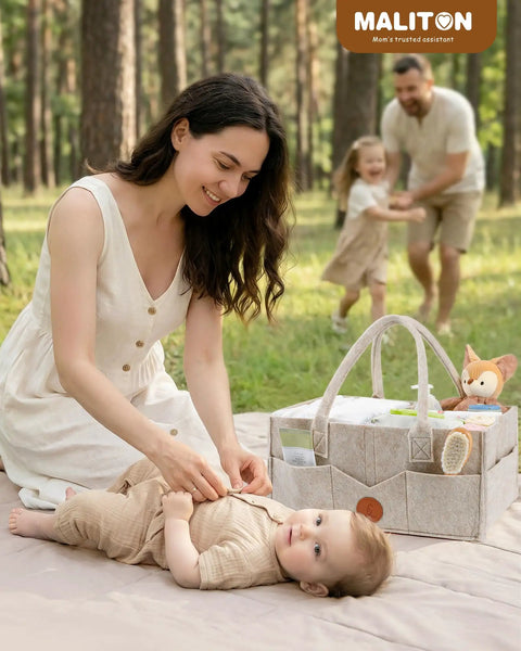 Oversized Khaki Felt Diaper Caddy Organizer For Changing Table Designed To Hold Gotta Have Baby Stash And Keep Nursery Operations Smooth Throughout Playtime