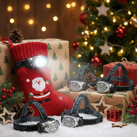 Five Pack LED Headlamps With 8 LEDs Four Lighting Modes on Christmas stocking and gifts