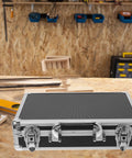Hella Sturdy Aluminum Alloy Tool Storage Case With Reinforced Carry Handle And Lockable Portable Gear Box Organizer on workbench.