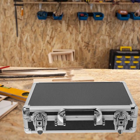 Hella Sturdy Aluminum Alloy Tool Storage Case With Reinforced Carry Handle And Lockable Portable Gear Box Organizer on workbench.