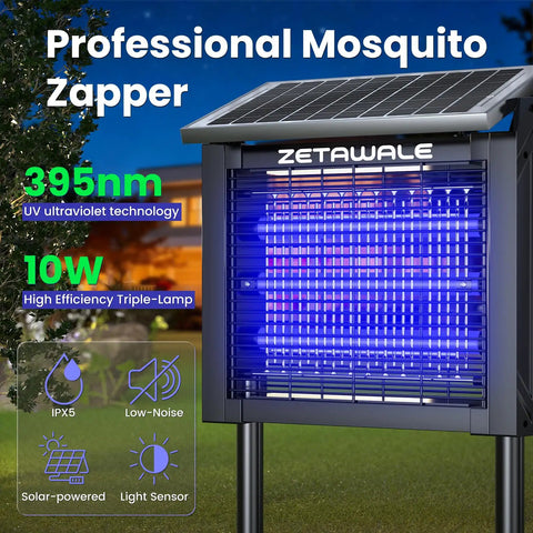 Solar Bug Zapper For Outdoor Use with 4500V grid, waterproof fly killer, solar-powered for garden, lawn, camping, 10W