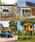 Applications of Beefy 8 Pack 4x4 Post Bracket Kit for pergolas and outdoor builds, including pergola, tree house, and carport.