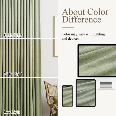 Light Sage Double Layer Blackout Linen Curtains For Living Room And Bedroom, 96 Inch Long Pinch Pleat Drapes sample, color difference shown
