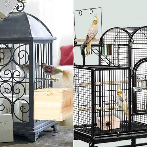 Paulownia Wood Nesting Box For Pet Birds inside a birdcage, suitable for cockatiels and lovebirds, cozy insulated space.