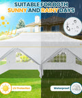 Heavy Duty 10x20 Pop Up Canopy Tent With Six Sidewalls, Waterproof Party Shelter shown outdoors, split between sunny and rainy conditions.
