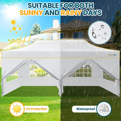 Heavy Duty 10x20 Pop Up Canopy Tent With Six Sidewalls, Waterproof Party Shelter shown outdoors, split between sunny and rainy conditions.