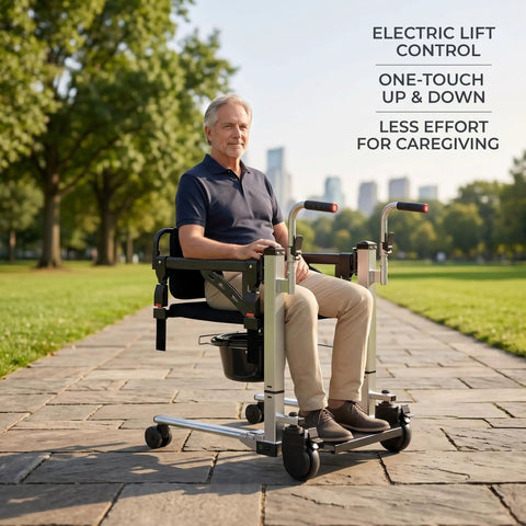 Super Solid Electric Patient Lift With Heavy Duty Stainless Steel Frame Smooth Power Transfer For Seniors Features Foldable Seat And Backrest Hella Stable Setup outdoors, elderly man seated with electric lift control.