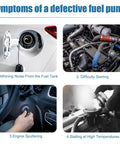 Symptoms of a defective fuel pump with four images: fuel tank noise, engine starting, engine sputtering, stalling in heat.