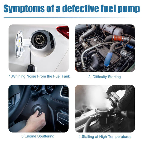 Symptoms of a defective fuel pump with four images: fuel tank noise, engine starting, engine sputtering, stalling in heat.