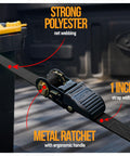 Beefy Heavy Duty Ratchet Strap Set 1650 Lb Break Strength 4 Pack 15 Ft X 1 In with metal ratchet and strong polyester webbing.