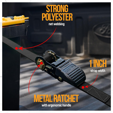 Beefy Heavy Duty Ratchet Strap Set 1650 Lb Break Strength 4 Pack 15 Ft X 1 In with metal ratchet and strong polyester webbing.
