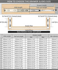Chart showing measurements for how to choose drawer slides size in cabinets with detailed dimensions.