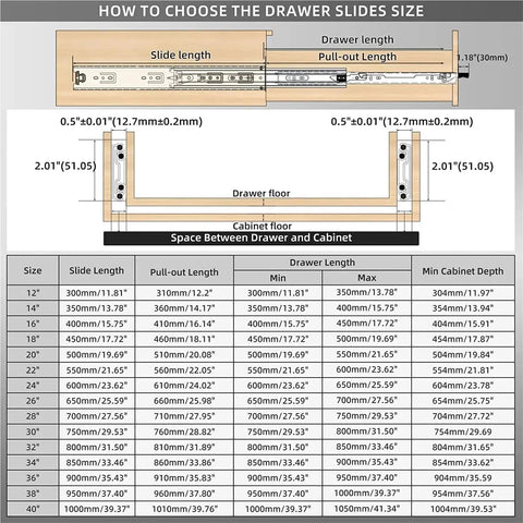 Chart showing measurements for how to choose drawer slides size in cabinets with detailed dimensions.