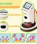 Kid-Friendly Handheld Digital Microscope With 1000X Zoom And 2.1 Inch HD LCD Screen, Six LED Lights, Ergonomic Angled Design For Eye And Neck Comfort, A Fun, Engaging Tool For STEM Learning, Exploration, And Hands-On Discovery. white handheld microscope with LCD screen, button controls and focus knob