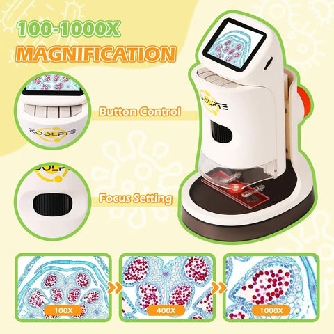 Kid-Friendly Handheld Digital Microscope With 1000X Zoom And 2.1 Inch HD LCD Screen, Six LED Lights, Ergonomic Angled Design For Eye And Neck Comfort, A Fun, Engaging Tool For STEM Learning, Exploration, And Hands-On Discovery. white handheld microscope with LCD screen, button controls and focus knob