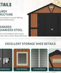Details of Extra Large 10x12 Outdoor Storage Shed With Lockable Doors, Metal Construction, Two Windows, showing lock, window, beams, and vents.